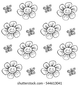 Hand drawn vector illustration with cute flowers and butterfly. Happy birthday print, design elements in doodle style.