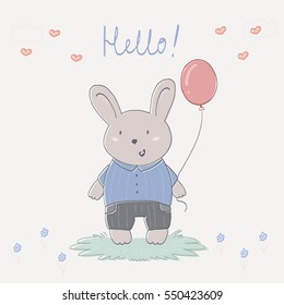 Hand drawn vector illustration with cute rabbit and balloon.