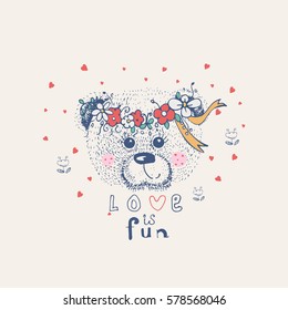 hand drawn vector illustration of cute romantic bear girl with circlet of flowers/can be used for kid's or baby's shirt design/fashion print design/fashion graphic