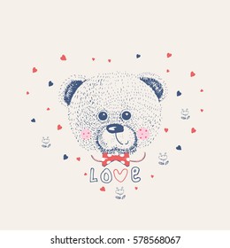 hand drawn vector illustration of cute romantic teddy  bear/can be used for kid's or baby's shirt design/fashion print design/fashion graphic
