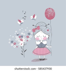 hand drawn vector illustration of cute girl with balloon /can be used for kid's or baby's shirt design/fashion print design/fashion graphic/kids wear/tee