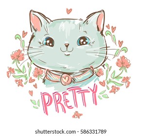 Hand Drawn vector illustration of a cute cat. 