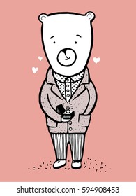 Hand drawn vector illustration of cute bear with Proposal ring. Romantic Cute Card. Bear in a suit with a ring