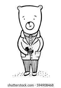 Hand drawn vector illustration of cute bear with Proposal ring. Romantic Cute Card. Bear in a suit with a ring