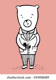 Hand drawn vector illustration of cute bear with Proposal ring. Romantic Cute Card. Bear in a suit with a ring
