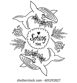 Hand drawn vector illustration with cute spring elements and whale. Illustration with cartoon flowers and whale in doodle style. Spring design for prints, scrap-booking, coloring page.
