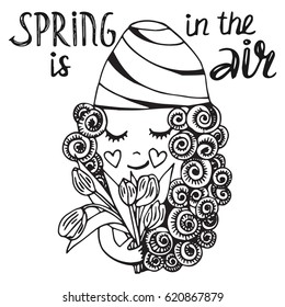 Hand drawn vector illustration with cute girl, flowers and romantic lettering. Spring design for prints, scrap-booking, coloring page. Romantic vintage typography card.