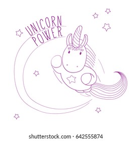 Hand drawn vector illustration of a cute unicorn flying among the stars, super hero style, with text Unicorn power. Outline. Design concept for children - postcard, poster, T-shirt print.