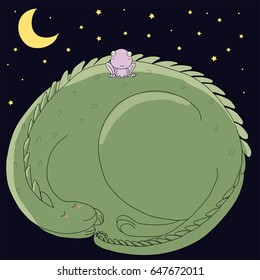 Hand drawn vector illustration of cute sleeping curled up dragon and frog with moon and stars on dark background. Isolated objects. Design concept for children - postcard, poster, T-shirt print.