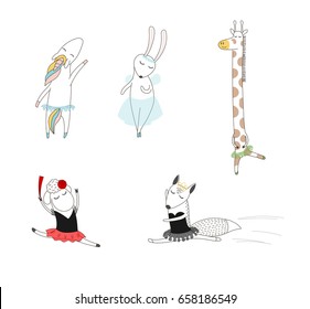 Hand drawn vector illustration of cute funny cartoon animal ballerinas dancing - sheep, fox, unicorn, bunny and giraffe. Isolated objects on white background. Design concept for children, dancing.