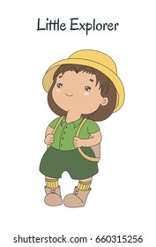 Hand drawn vector illustration of a cute plump little girl in a pith helmet, khaki shorts, with a knapsack, text Little explorer. Isolated objects on white background. Design concept for children.