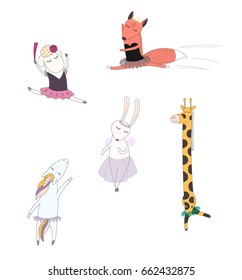 Hand drawn vector illustration of cute funny cartoon animal ballerinas dancing - sheep, fox, unicorn, bunny and giraffe. Isolated objects on white background. Design concept for children, dancing.
