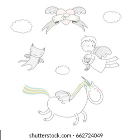 Hand drawn vector illustration of a cute angel girl, holding kitten, unicorn with wings and angel cat, heart and text Angel on a ribbon. Isolated objects on white background. Design concept for kids.