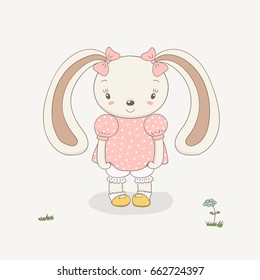 Hand drawn vector illustration of a cute little smiling plump bunny girl in a pink dress, knickers, socks, shoes, with pink ribbons on her ears. Coloured isolated objects. Design concept for children.