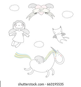 Hand drawn vector illustration of a cute little angel girl, unicorn with wings and angel cat, flying, heart and text Angel on a ribbon. Isolated objects on white background. Design concept for kids.