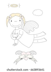 Hand drawn vector illustration of a cute little angel girl with halo, holding kitten, with winged heart and text Angel on a ribbon. Isolated objects on white background. Design concept for children.