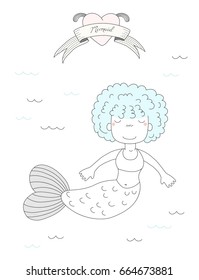 Hand drawn vector illustration of a cute little mermaid girl with curly hair, swimming in the sea, heart and text Mermaid on a ribbon. Isolated objects on white background. Design concept for children