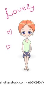 Hand drawn vector illustration of a cute short haired teenage girl in a diagonal cap sleeved top and shorts, sitting, with text Lovely and hearts. Isolated objects on white background. Design concept.