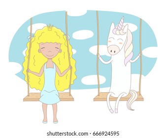 Hand drawn vector illustration of a cute little princess (crown can be removed) and unicorn, sitting on a swing, with sky and white clouds in the background. Isolated objects. Design concept for kids.