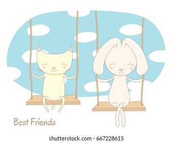 Hand drawn vector illustration of a cute cat and rabbit, sitting together on a swing, with blue sky and white clouds in the background, text Best friends. Isolated objects. Design concept for children
