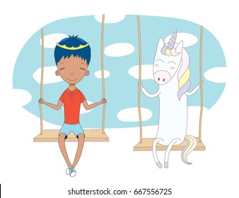 Hand drawn vector illustration of a cute little prince (crown can be removed) and unicorn, sitting on a swing, with sky and white clouds in the background. Isolated objects. Design concept for kids.