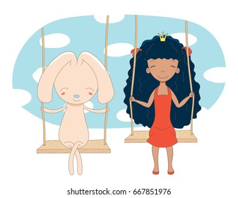 Hand drawn vector illustration of a cute little princess (crown can be removed) and rabbit, sitting on a swing, with sky and white clouds in the background. Isolated objects. Design concept for kids.
