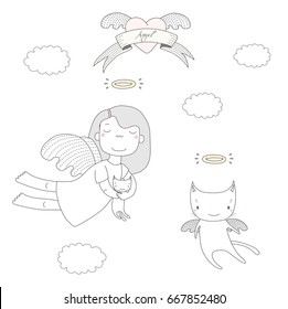 Hand drawn vector illustration of a cute little angel girl, holding kitten, and angel cat, flying, with heart and text Angel on a ribbon. Isolated objects on white background. Design concept for kids.