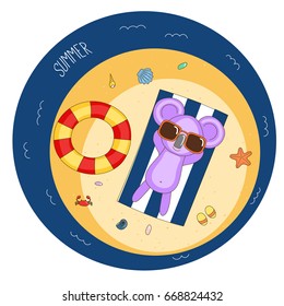 Hand drawn vector illustration of a cute koala in sunglasses lying on a beach towel, sunbathing, with swim ring, flip flops, starfish and crab, text Summer. Isolated objects. Design concept children.