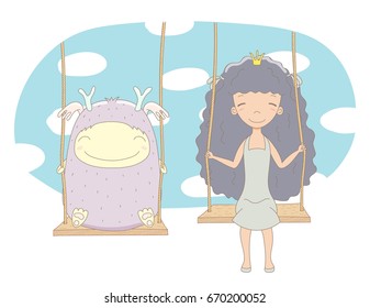 Hand drawn vector illustration of a cute little princess (crown can be removed) and smiling monster, on a swing, with sky and white clouds in the background. Isolated objects. Design concept for kids.