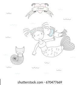 Hand drawn vector illustration of a cute mermaid girl, a cat in swim fins and scuba mask and cat in a sea shell, under water, heart and text. Isolated objects on white background. Design concept kids.
