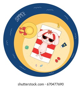 Hand drawn vector illustration of a cute bunny in sunglasses lying on a striped beach towel, sunbathing, with straw hat, flip flops and flower, text Summer. Design concept children.