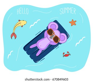 Hand drawn vector illustration of a cute koala in sunglasses floating in the sea on inflatable air mattress, with fish, starfish and crab, text Hello Summer. Isolated objects. Design concept children.
