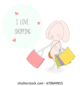 Hand drawn vector illustration of a cute smiling pink bunny with colourful shopping bags, handbag, hearts and text I love shopping. Isolated objects on white background. Design concept for girls.
