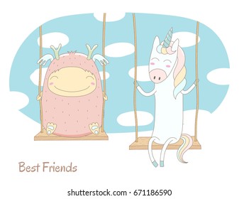 Hand drawn vector illustration of a cute smiling monster and unicorn, sitting on a swing, with blue sky and white clouds in the background, text Best friends. Isolated objects. Design concept for kids