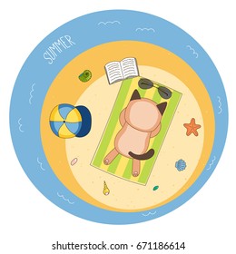 Hand drawn vector illustration of a cute cat lying face down on a beach towel, sunbathing, with sunglasses, book and baseball cap, and starfish, text Summer. Isolated objects. Design concept children.