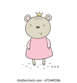 Hand drawn vector illustration with cute little bear. vector print.