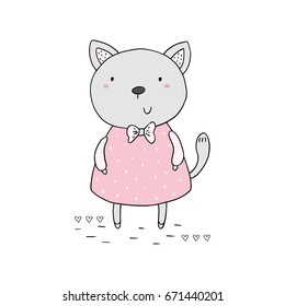 Hand drawn vector illustration with cute little cat. vector print.