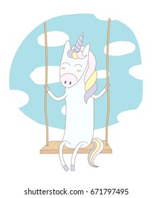 Hand drawn vector illustration of a cute smiling unicorn, sitting on a swing, with blue sky and white clouds in the background. Isolated objects. Design concept for children.