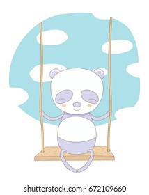 Hand drawn vector illustration of a cute smiling panda, sitting on a swing, with blue sky and white clouds in the background. Isolated objects. Design concept for children.