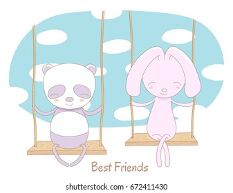 Hand drawn vector illustration of a cute panda and rabbit, sitting together on a swing, with blue sky and white clouds in the background, text Best friends. Isolated objects. Design concept for kids.