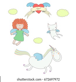 Hand drawn vector illustration of a cute little angel girl, unicorn with wings and angel cat, flying, heart and text Angel on a ribbon. Isolated objects on white background. Design concept for kids.