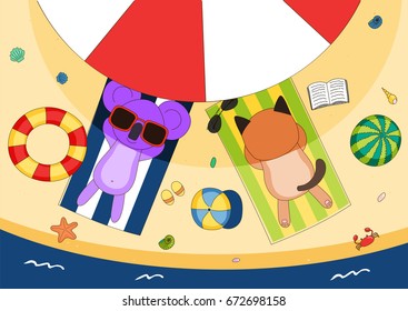 Hand drawn vector illustration of a cute cat and koala in sunglasses lying on towels, in the shade of a beach umbrella, with swim ring and watermelon. Isolated objects. Design concept for children.