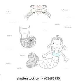 Hand drawn vector illustration of a cute little mermaid princess in a crown and a cat in a sea shell, under water, heart and text Mermaid. Isolated objects on white background. Design concept for kids