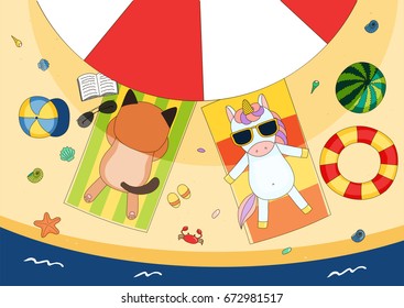 Hand drawn vector illustration of a cute cat and unicorn in sunglasses lying on towels, in the shade of a beach umbrella, with swim ring and watermelon. Isolated objects. Design concept for children.