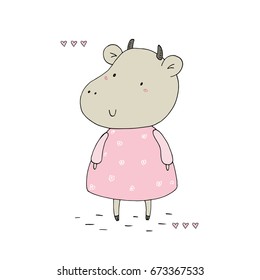 Hand drawn vector illustration with cute little cow. vector print.