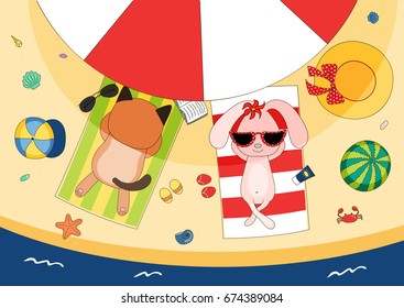 Hand drawn vector illustration of a cute koala cat and bunny in sunglasses lying on towels, in the shade of a beach umbrella, with straw hat and watermelon. Isolated objects. Design concept children.