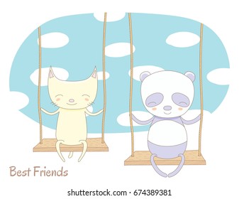 Hand drawn vector illustration of a cute cat and panda, sitting together on a swing, with blue sky and white clouds in the background, text Best friends. Isolated objects. Design concept for children.