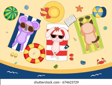 Hand drawn vector illustration of a cute koala, bunny and cat in sunglasses on the beach, lying on striped towels, with swimming ring and watermelon. Isolated objects. Design concept for children