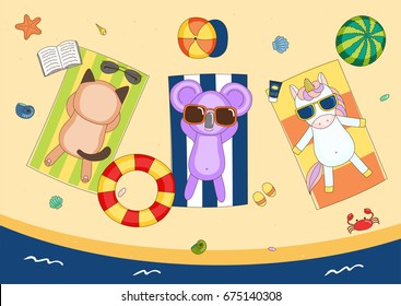 Hand drawn vector illustration of a cute unicorn, cat and koala in sunglasses on the beach, lying on striped towels, with swimming ring and watermelon. Isolated objects. Design concept for children.