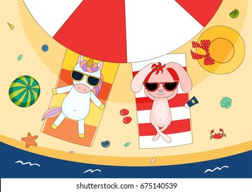 Hand drawn vector illustration of a cute bunny and unicorn in sunglasses lying on towels, in the shade of a beach umbrella, with straw hat and watermelon. Isolated objects. Design concept for children